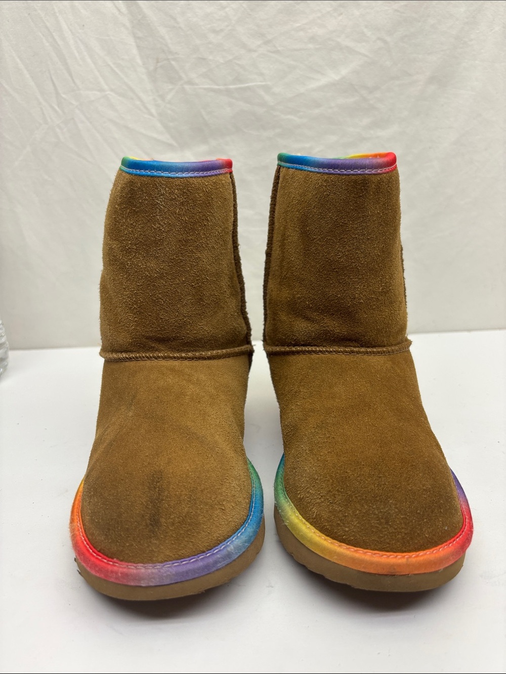 UGG Kids Brown Suede Boots with Rainbow Trim, sz 1 little girl